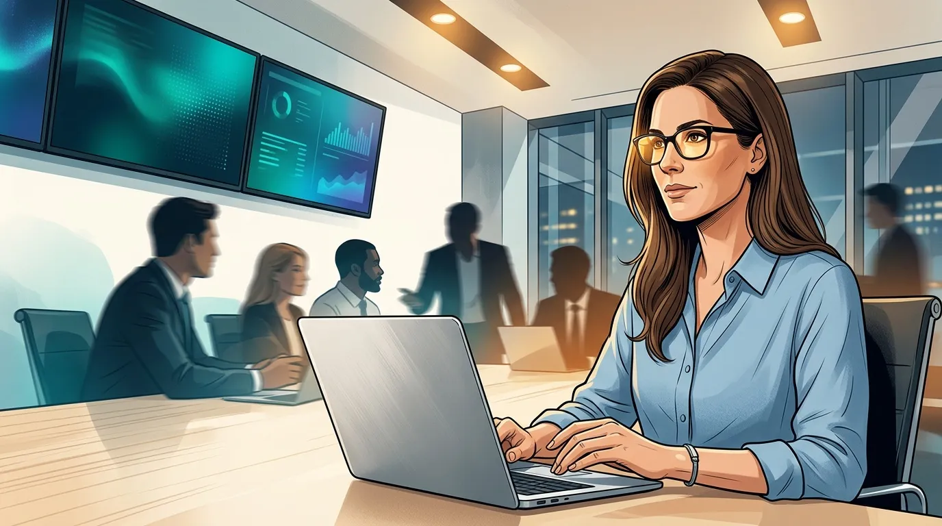 Femme avec lunettes travaillant sur laptop en environnement professionnel