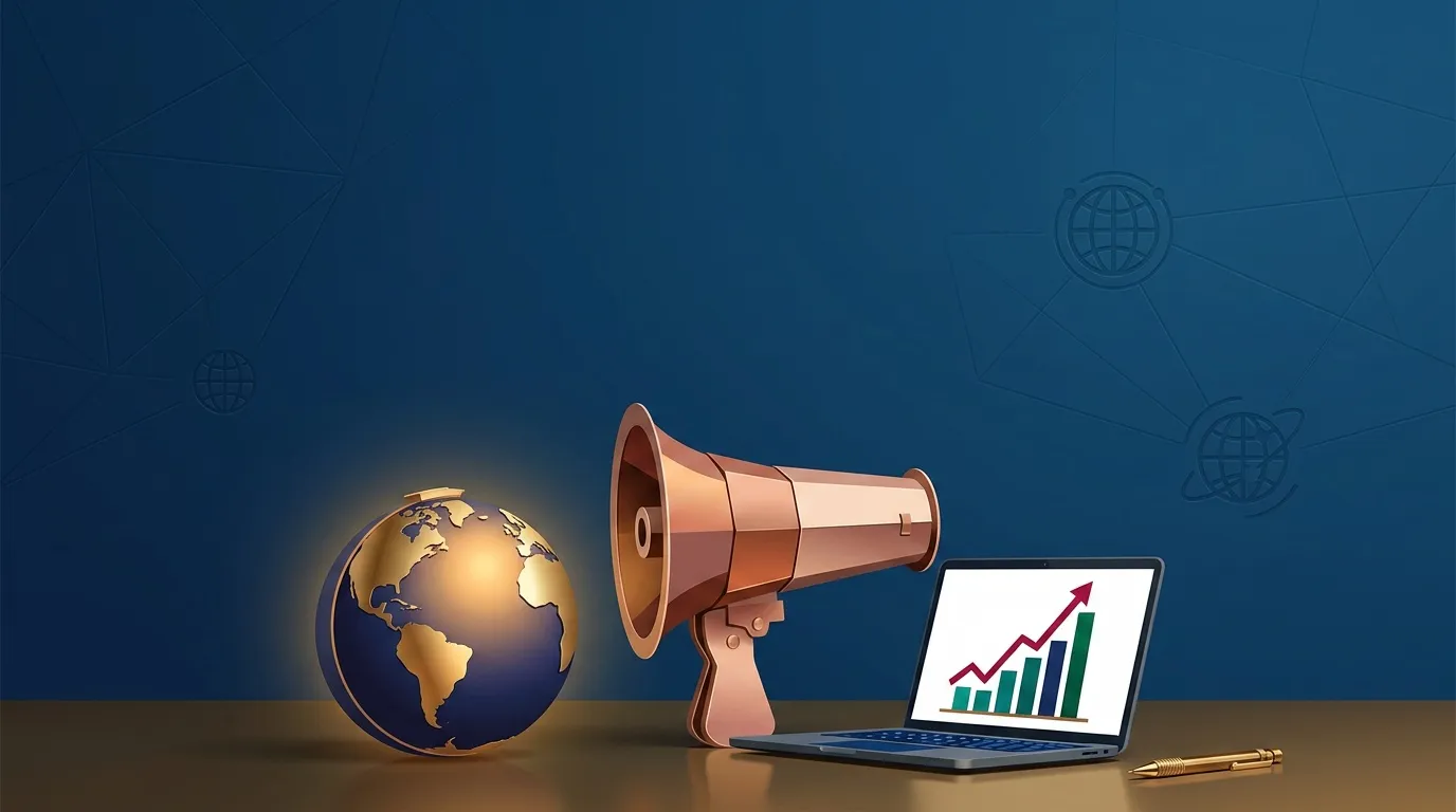 Globe, mégaphone, ordinateur avec graphique de croissance