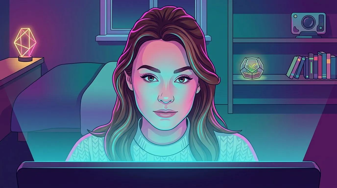 Illustration d'une femme devant un écran, style cyberpunk néon