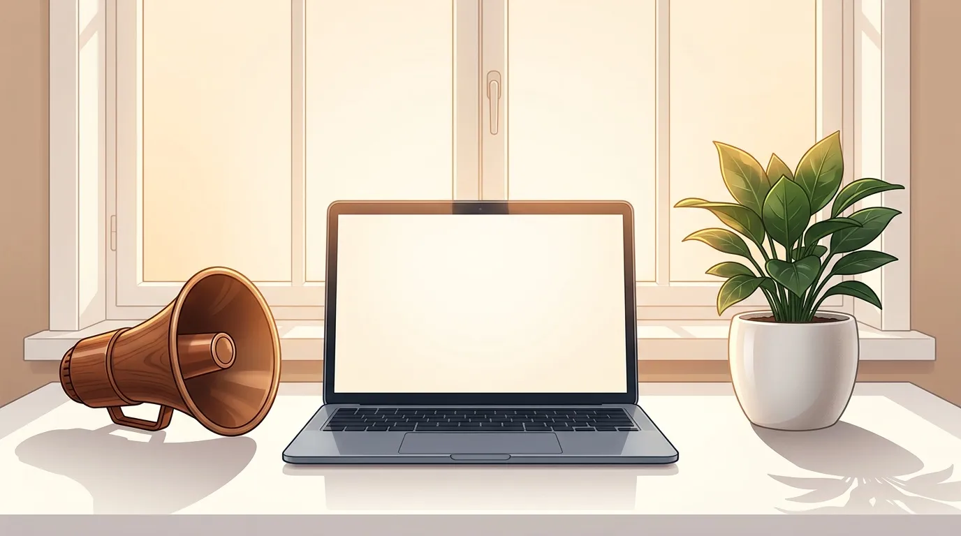 Laptop blanc avec mégaphone et plante sur bureau ensoleillé