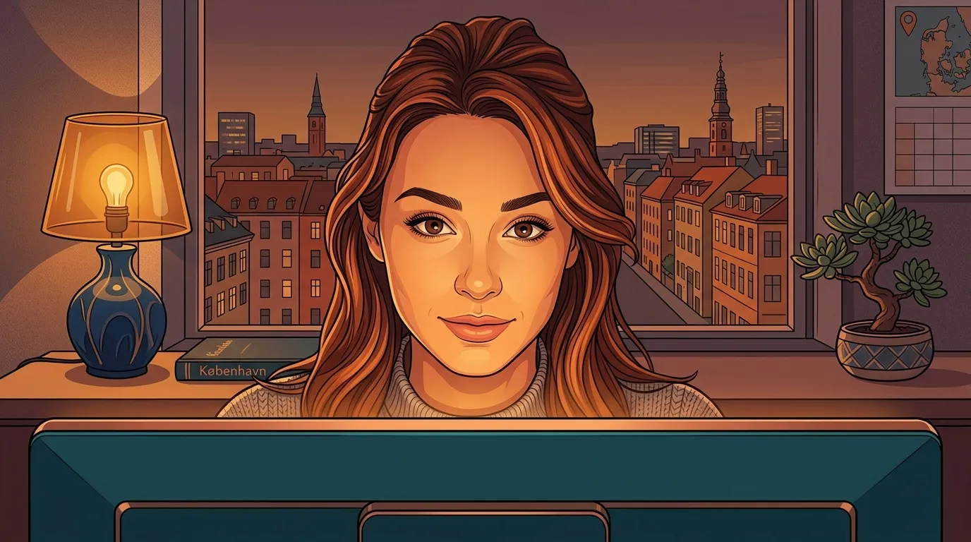 Illustration d'une femme aux cheveux roux devant son ordinateur, vue de Copenhague