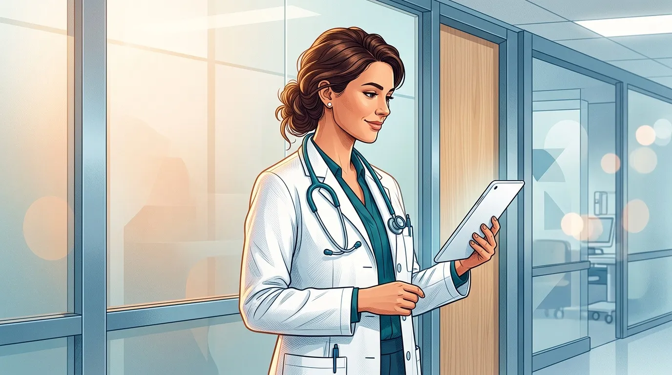 Femme médecin tenant une tablette dans un couloir d'hôpital
