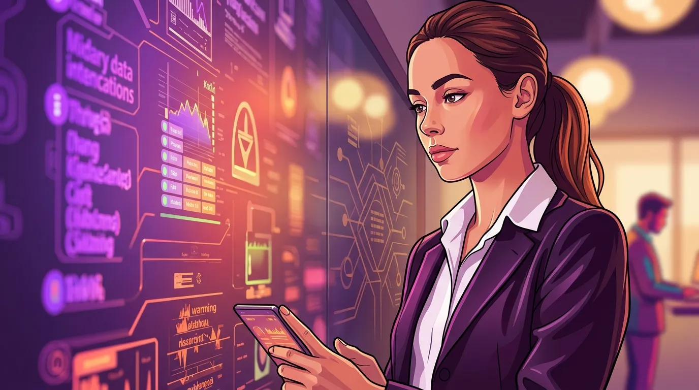 Femme d'affaires avec smartphone devant écrans technologiques