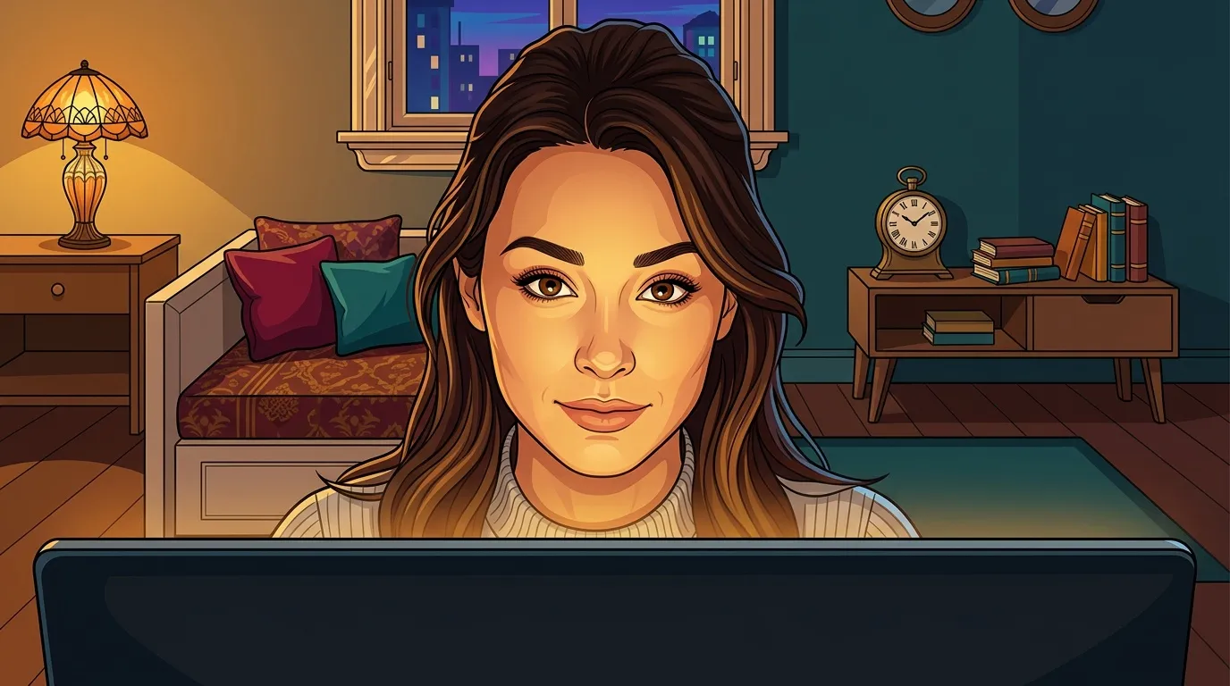 Femme brune travaille sur laptop dans son salon