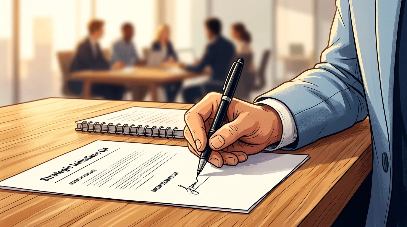 Homme en costume signant un document professionnel en réunion