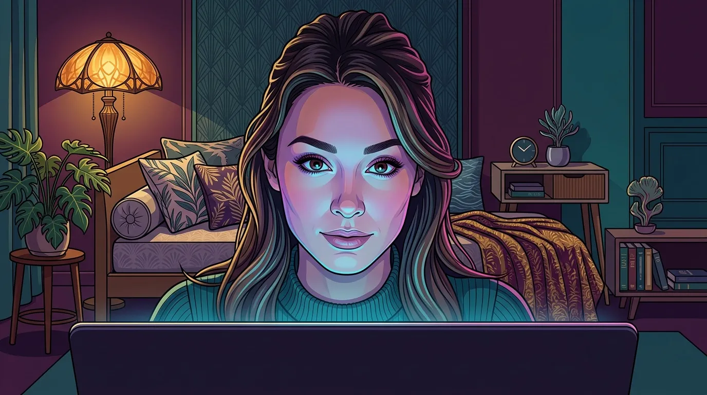 Illustration d'une femme devant un ordinateur portable dans un salon cosy
