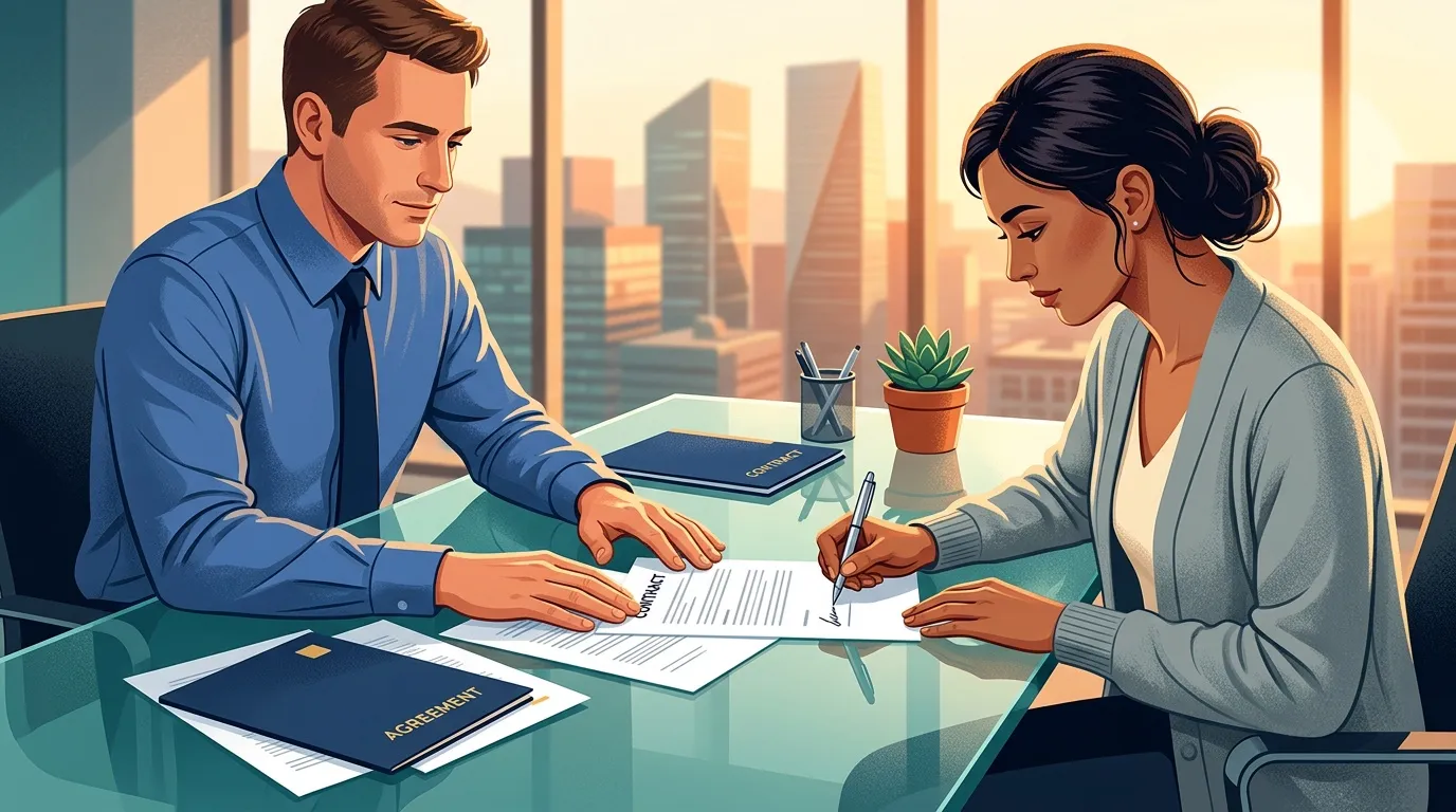 Deux professionnels signent un document à un bureau moderne