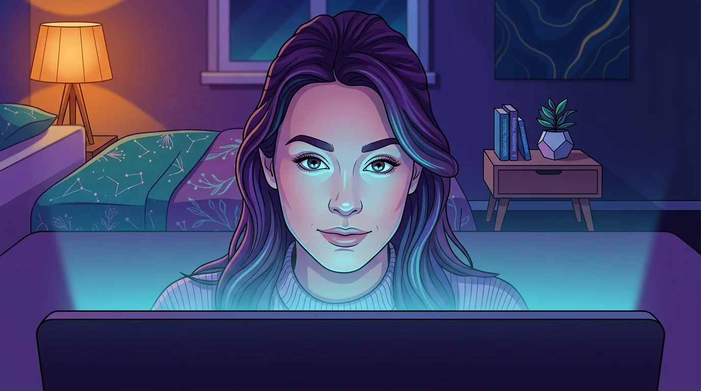 Illustration d'une femme devant un écran lumineux dans sa chambre