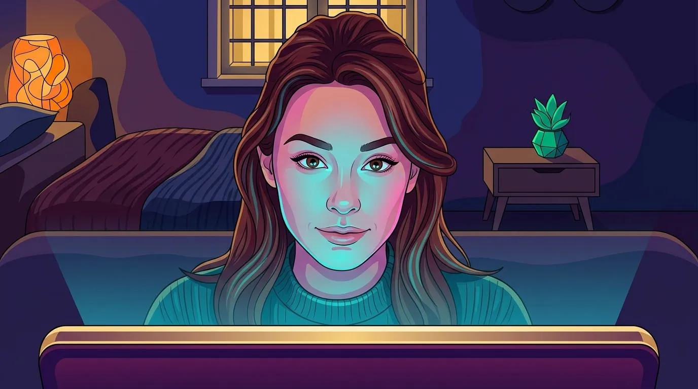 Femme aux cheveux roux regardant l'écran, chambre bleue.
