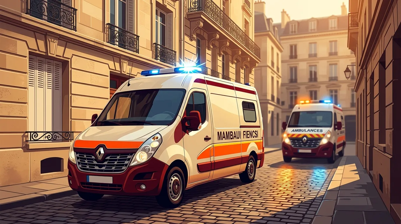 Ambulances Renault avec gyrophares actifs dans une rue parisienne.