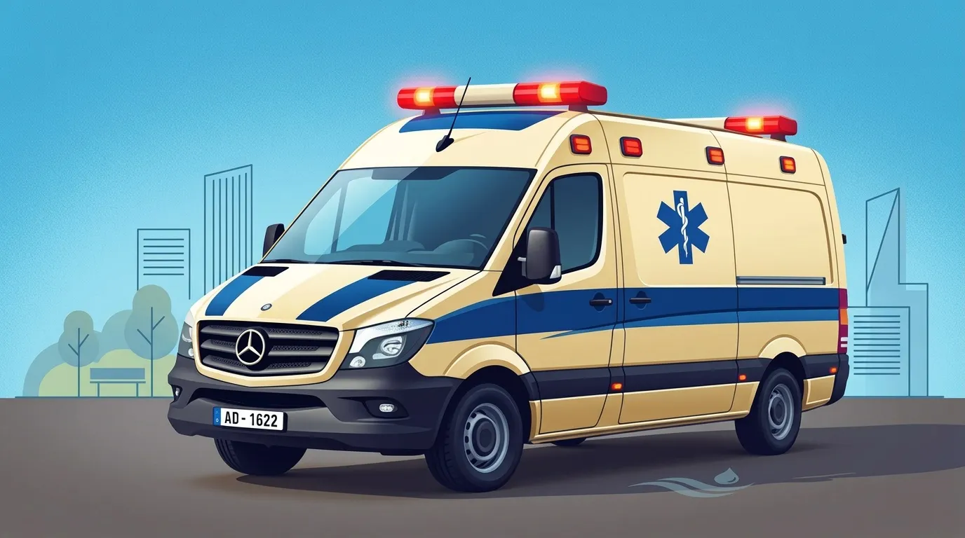 Ambulance blanche et bleue avec gyrophare actif en ville