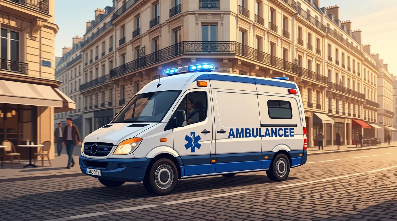 Ambulance blanche et bleue dans une rue parisienne