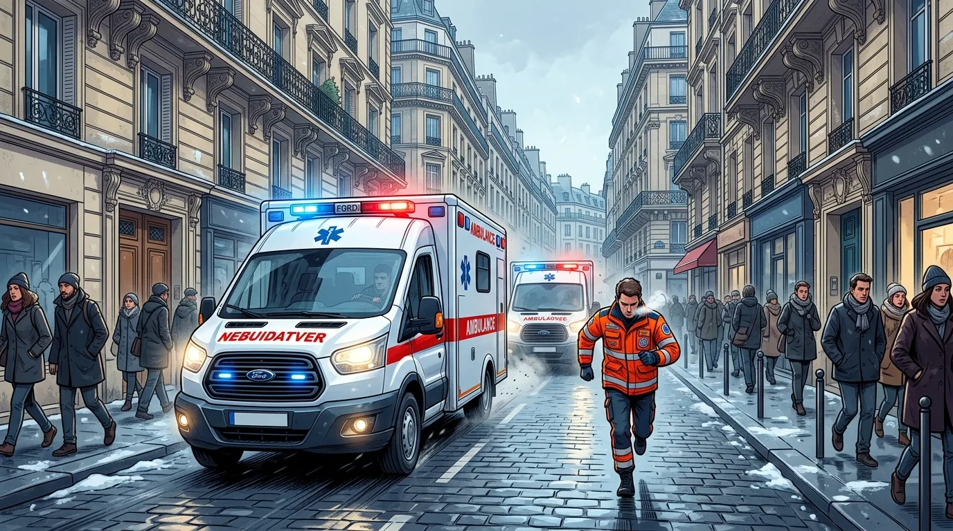 Ambulances et paramedic courant dans une rue parisienne