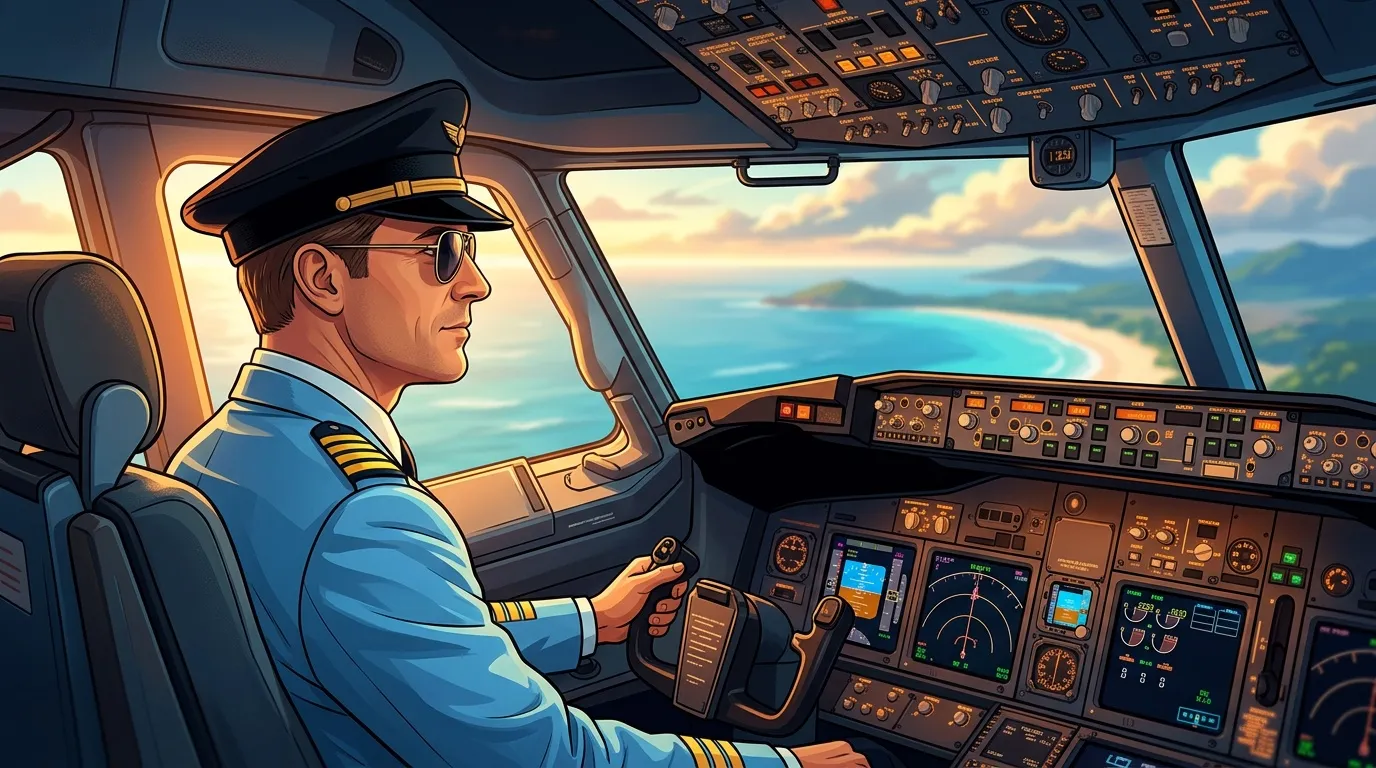 Pilote en uniforme bleu dans cockpit d'avion survolant océan tropical
