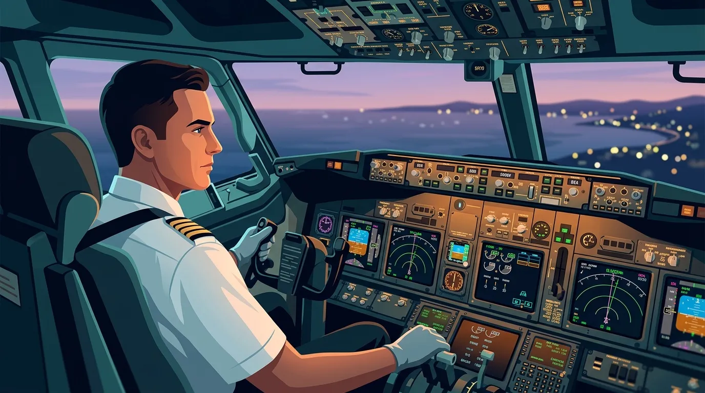 Pilote en uniforme contrôlant avion au coucher soleil