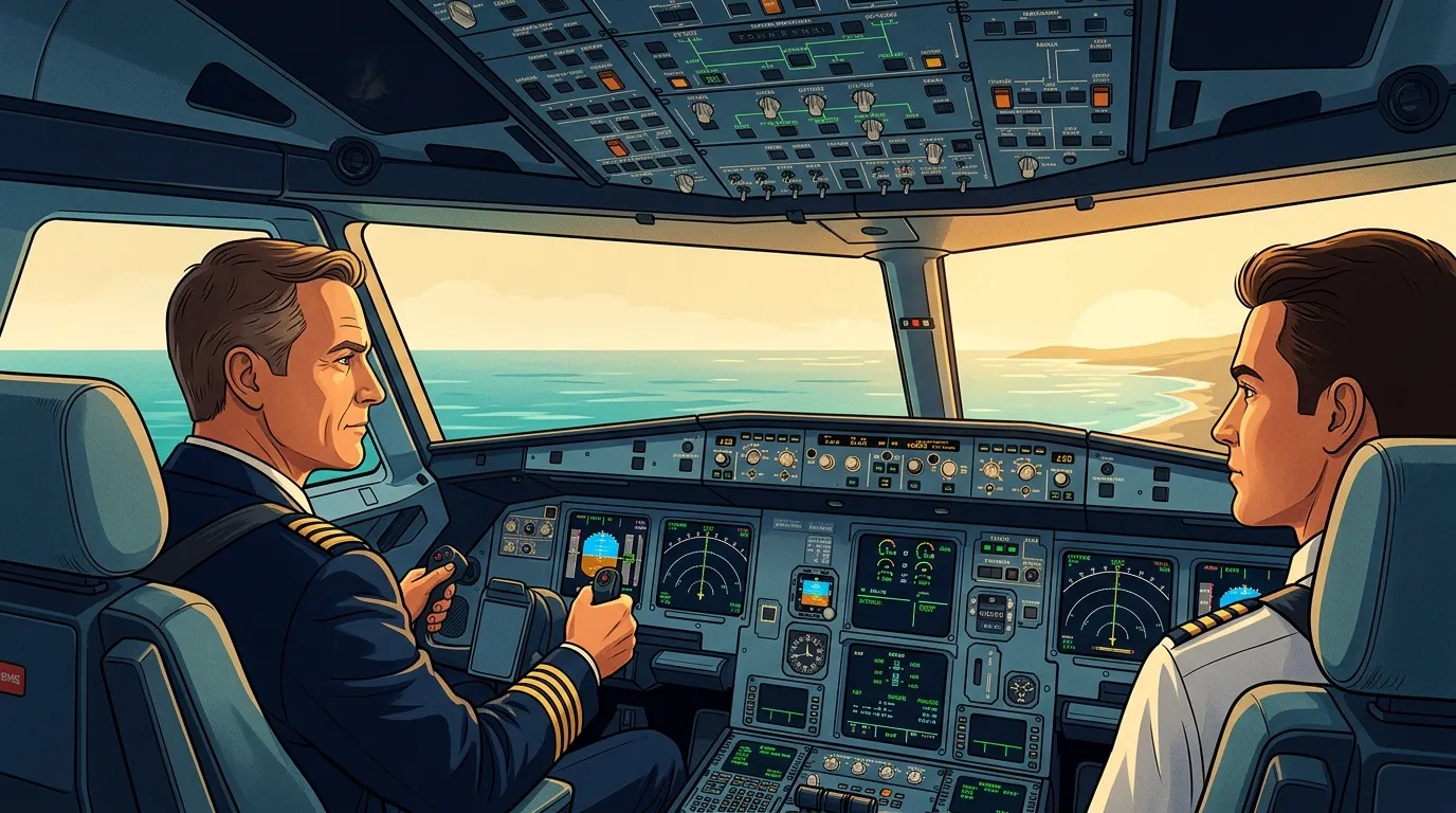 Deux pilotes en uniforme dans le cockpit d'un avion commercial