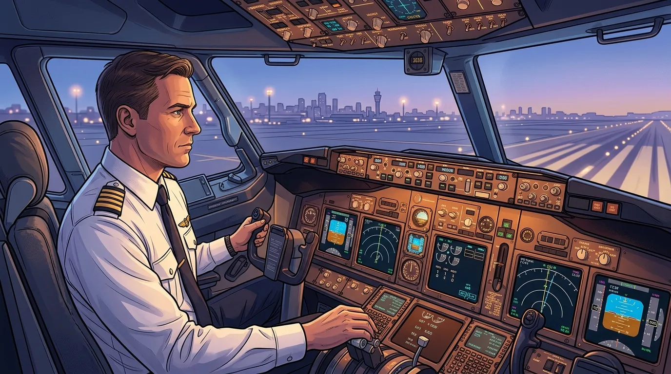 Pilote en uniforme dans le cockpit d'un avion au lever du soleil