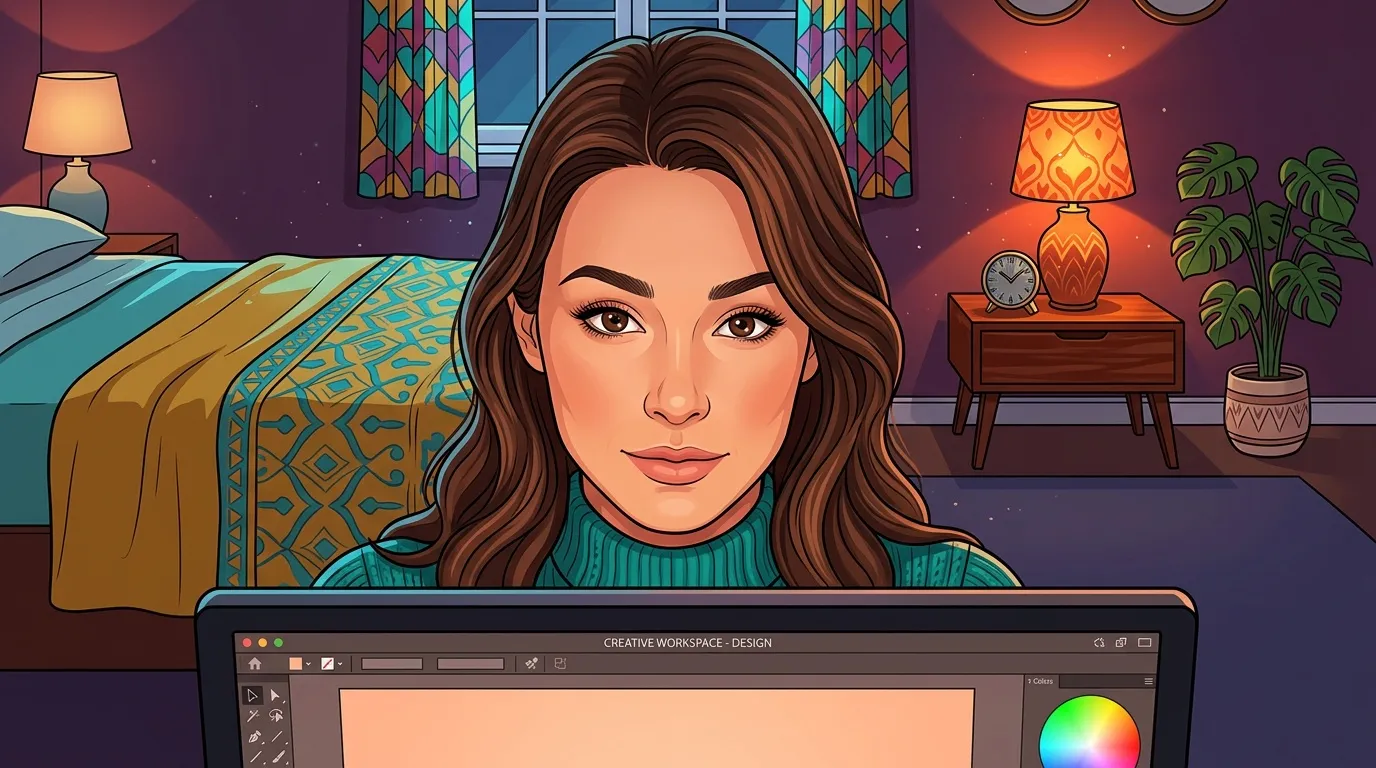 Femme illustratrice travaillant sur ordinateur dans chambre colorée