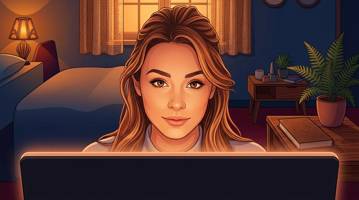 Femme aux cheveux roux devant un ordinateur portable dans sa chambre