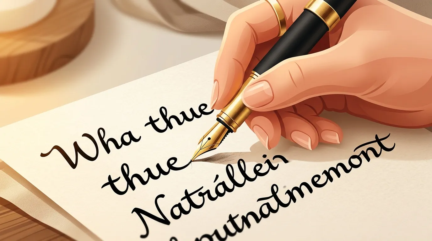 Main tenant une plume écrivant du texte à l'encre noire