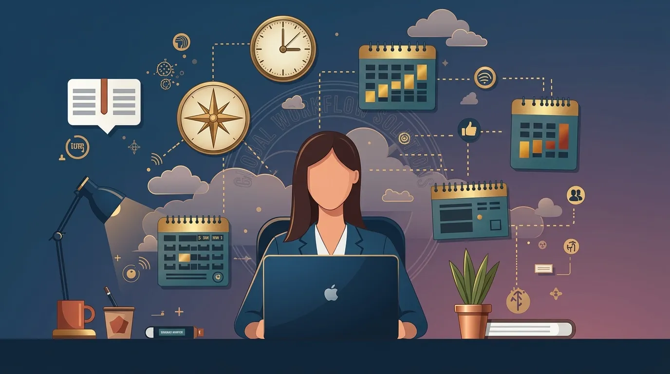 Femme travaillant sur ordinateur avec calendriers, horloges et outils productivité