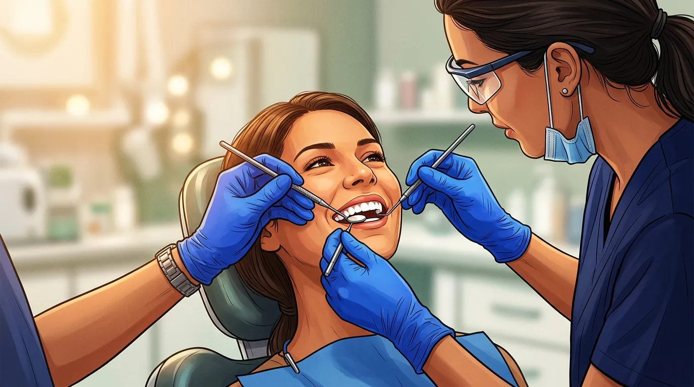 Dentiste examinant les dents d'une patiente souriante.