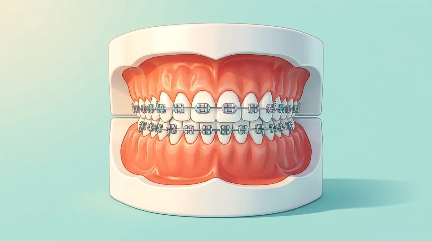 Modèle dentaire avec brackets et fils orthodontiques métalliques