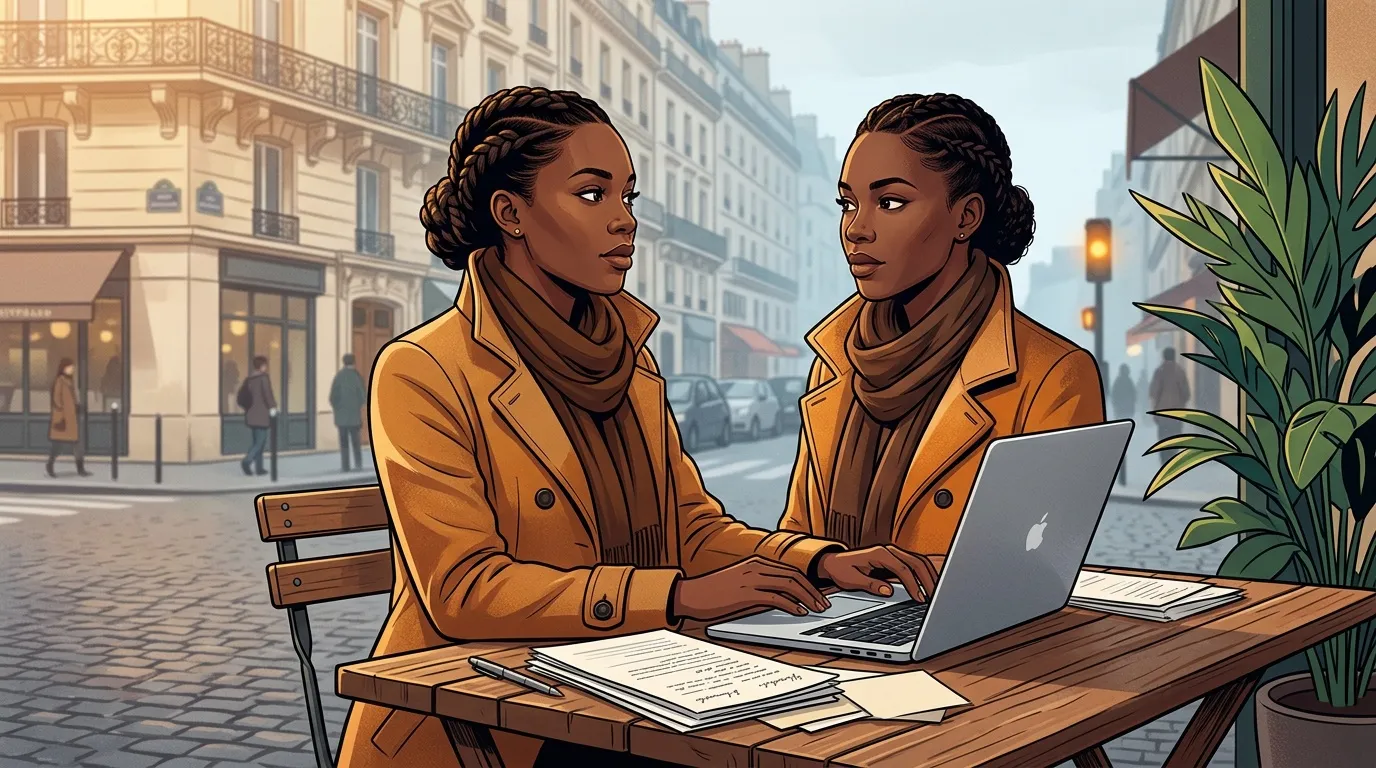 Deux femmes travaillent ensemble sur un ordinateur portable en terrasse.