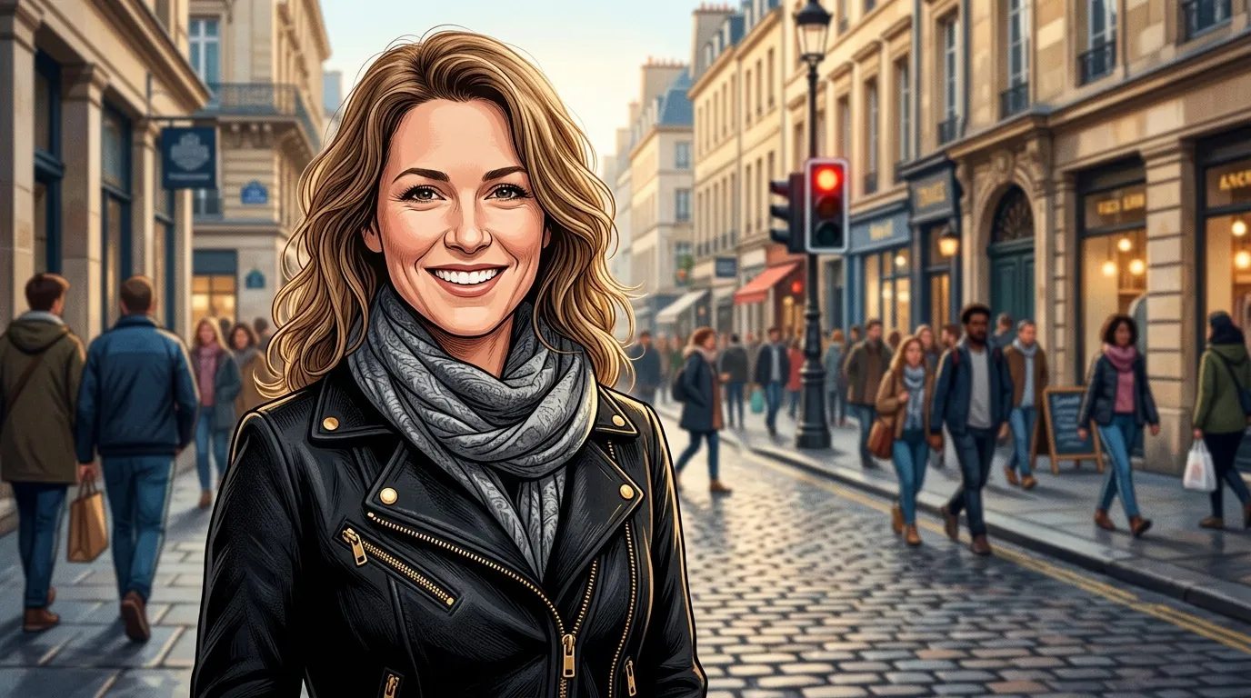 Portrait d'une femme souriante dans une rue urbaine européenne