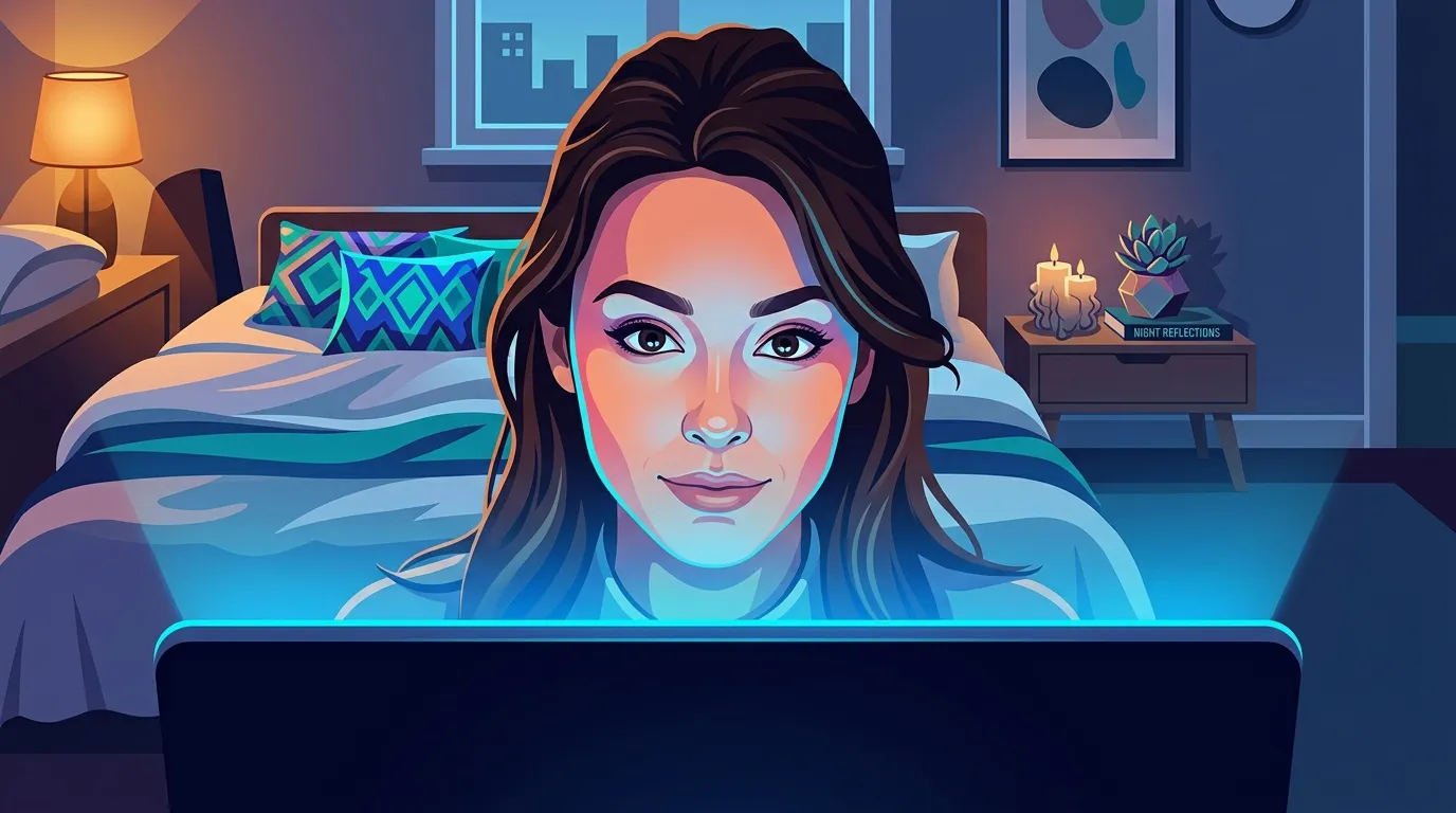 Femme illuminée par écran dans chambre moderne la nuit