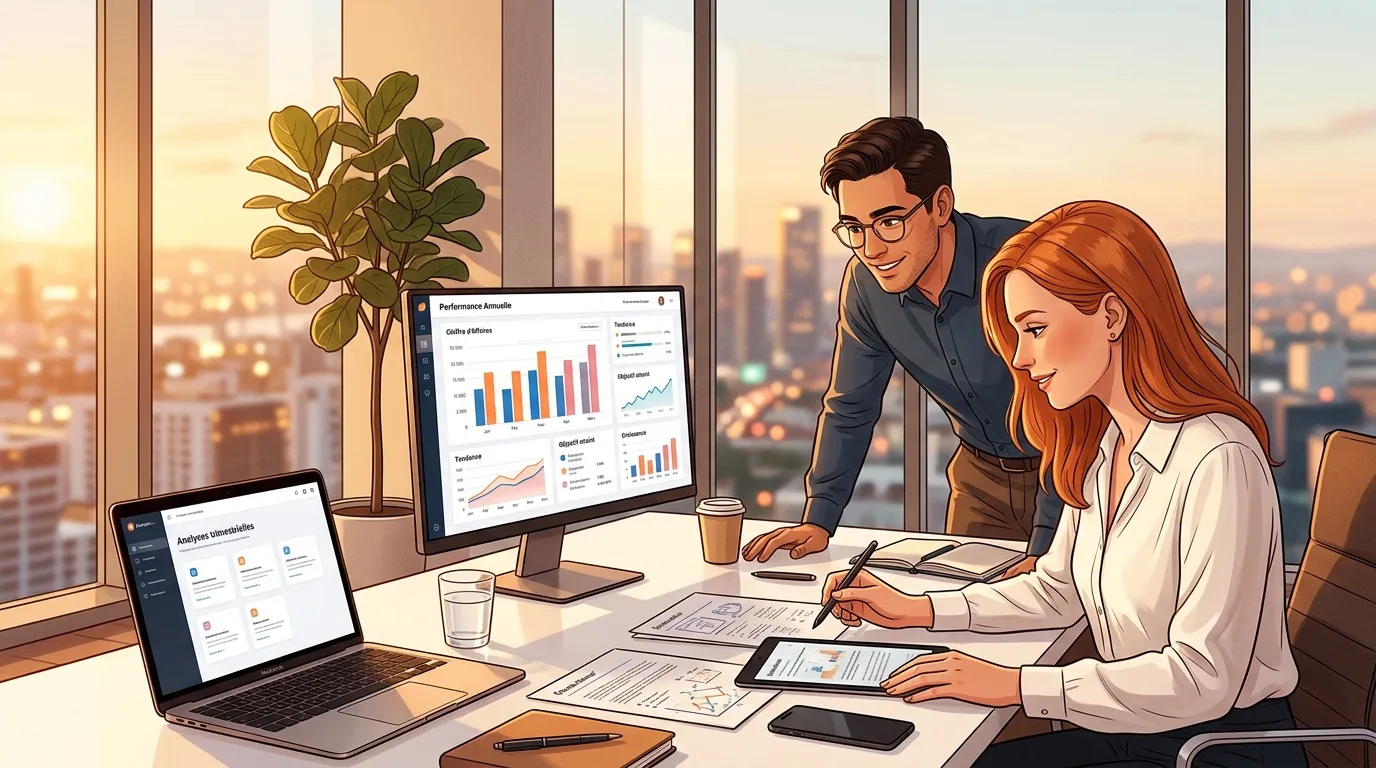 Deux professionnels analysent des graphiques de performance en bureaux modernes.