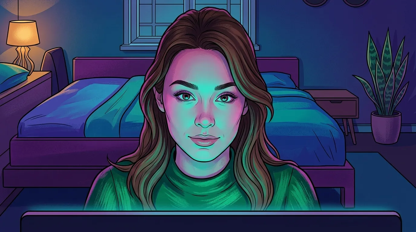 Femme devant écran dans chambre néon violet et bleu