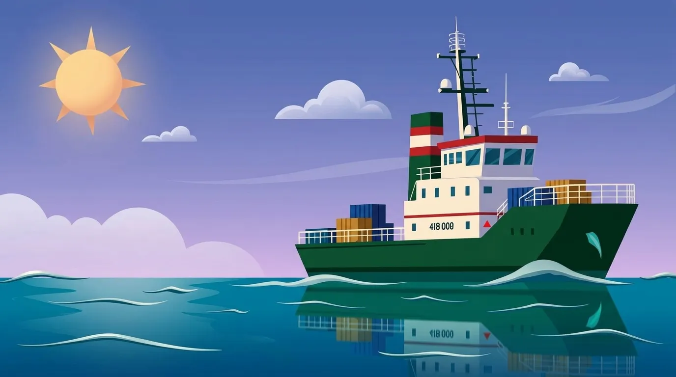 Navire porte-conteneurs vert navigant sous le soleil