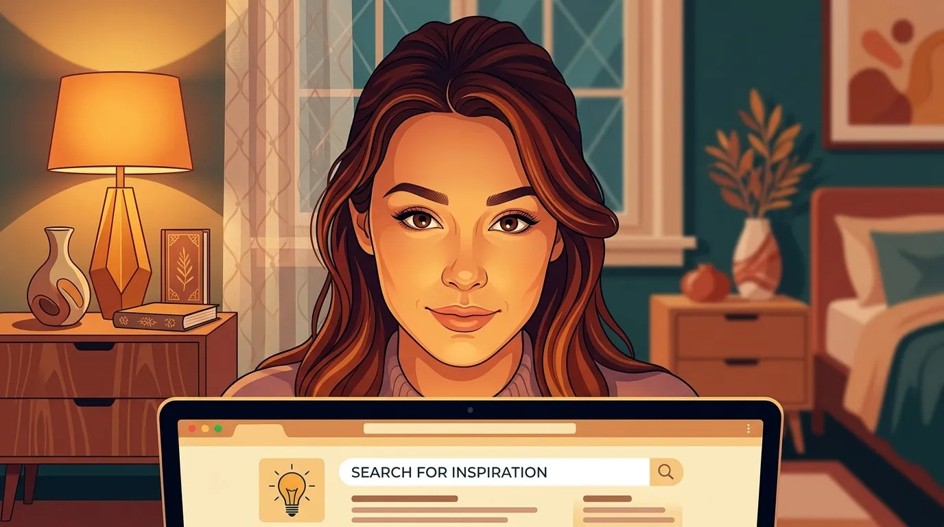 Femme devant &eacute;cran ordinateur cherchant inspiration cr&eacute;ative