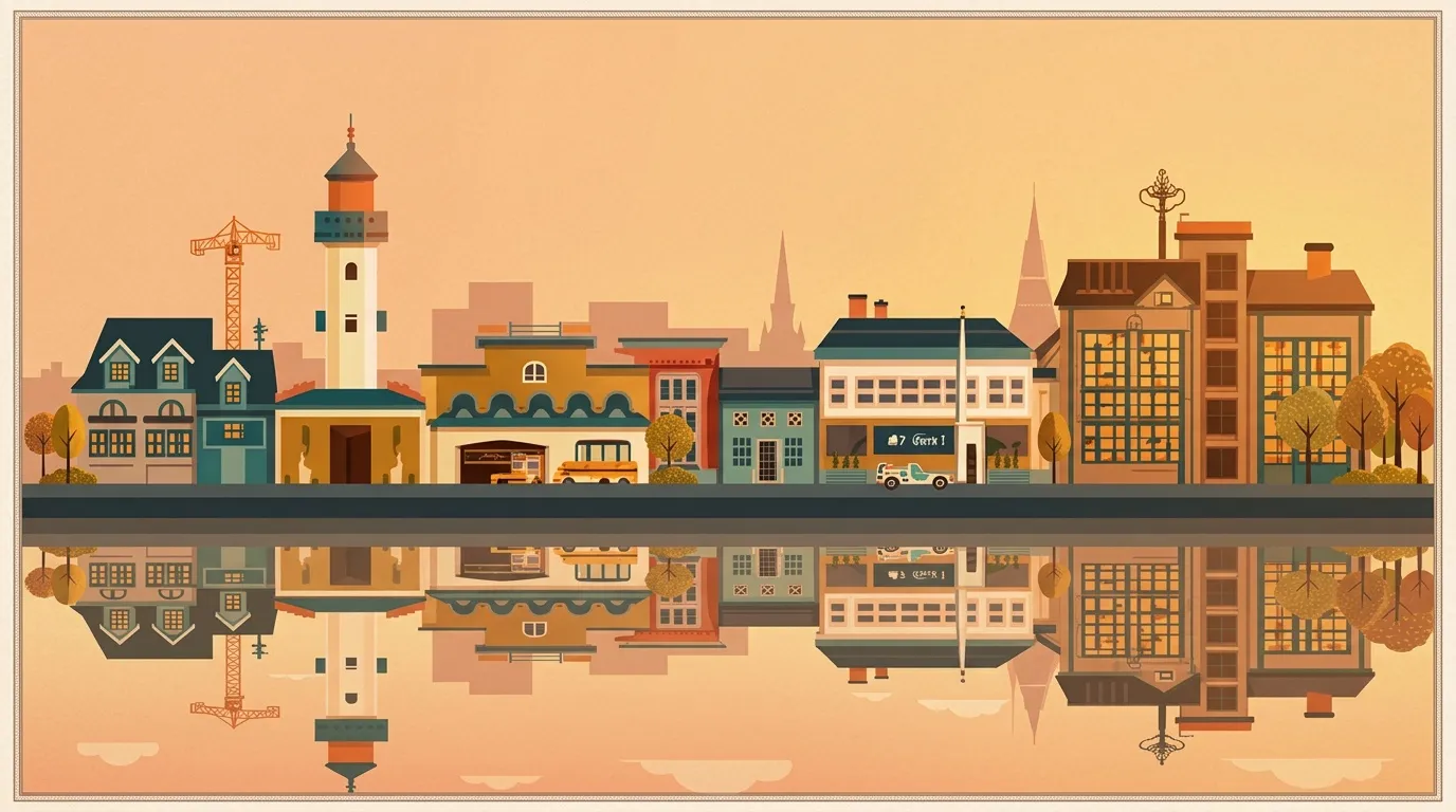 Skyline urbain avec r&eacute;flexion dans l'eau calme
