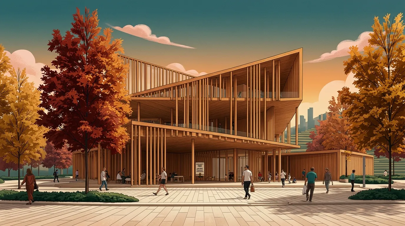 Édifice contemporain en bois entouré d'arbres automnal.