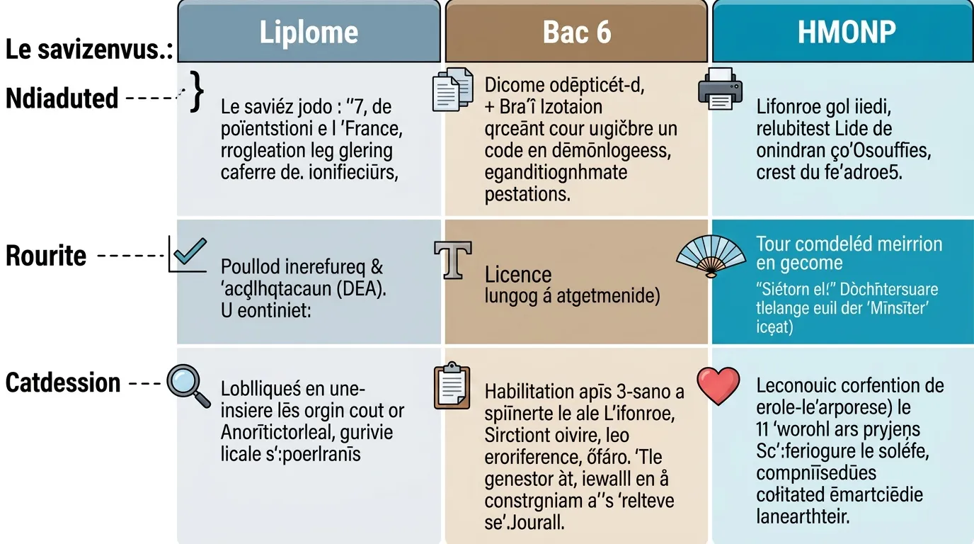 Tableau comparatif de trois parcours éducatifs: Liplome, Bac 6, HMONP