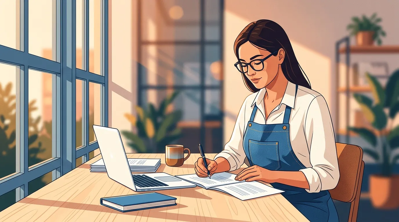 Femme avec lunettes écrivant à son bureau près d'une fenêtre