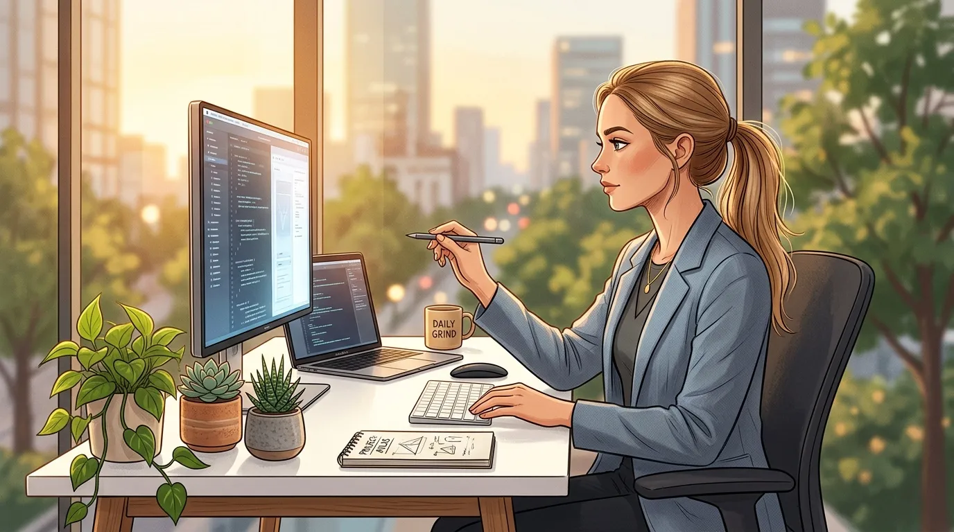 Femme programmeur travaillant à son bureau avec vue sur la ville