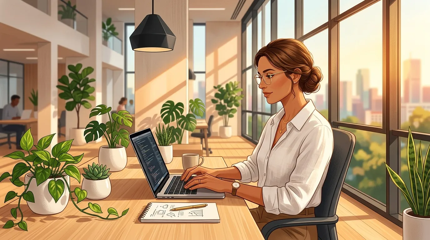 Femme avec laptop dans bureau lumineux avec plantes