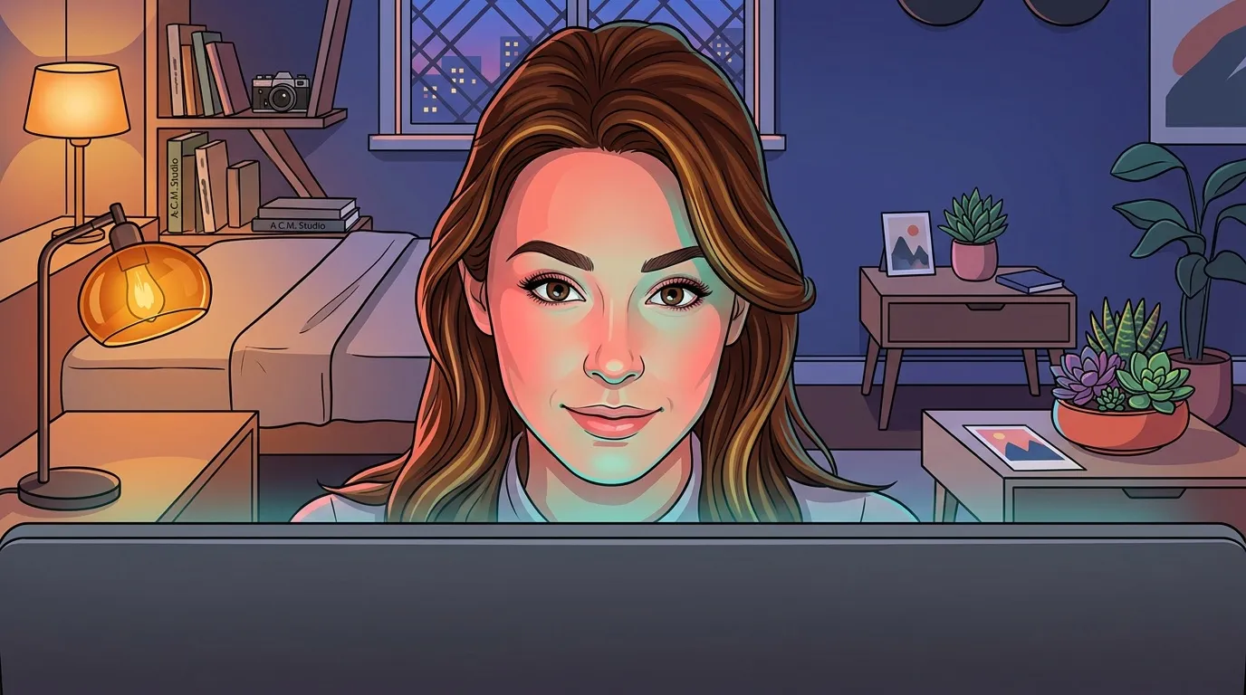 Illustration d'une femme souriante dans un bureau cosy avec plantes et lampe