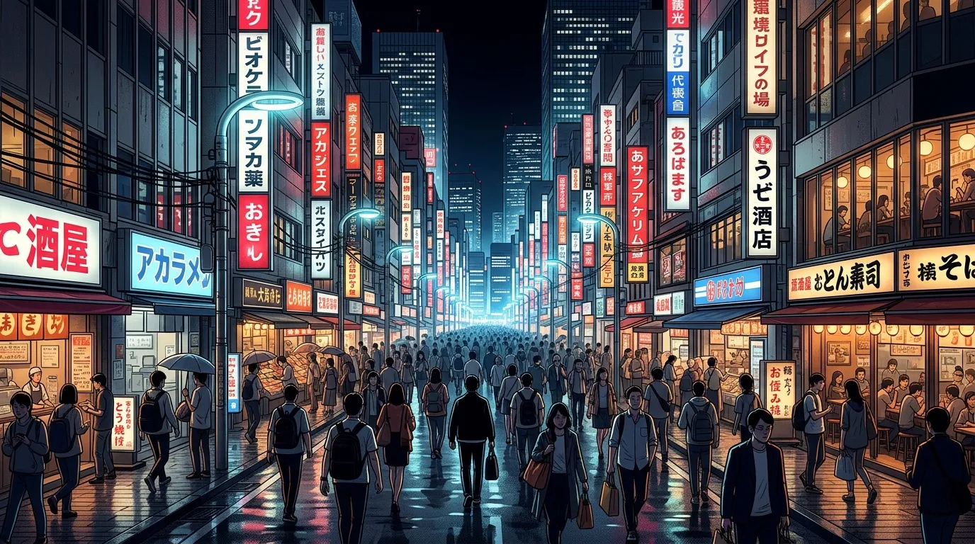 Foule pi&eacute;tonne dans rue commer&ccedil;ante illumin&eacute;e japonaise