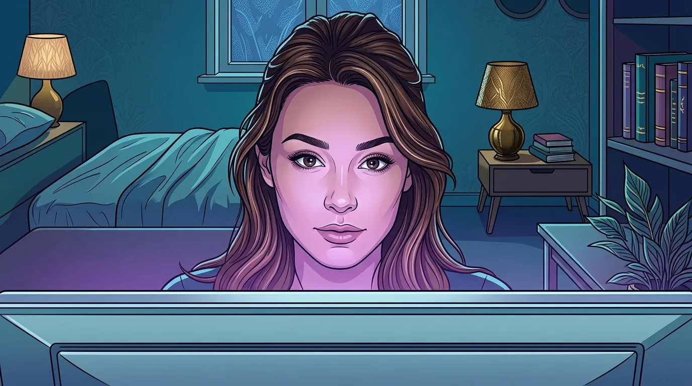 Illustration d'une femme aux cheveux bruns dans une chambre bleue.