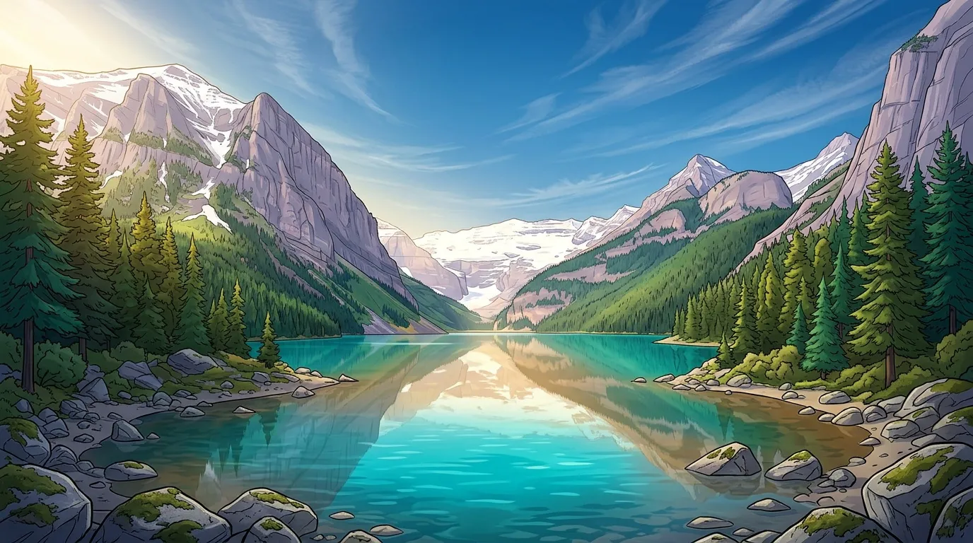 Lac turquoise entour&eacute; de montagnes enneig&eacute;es et for&ecirc;ts de sapins