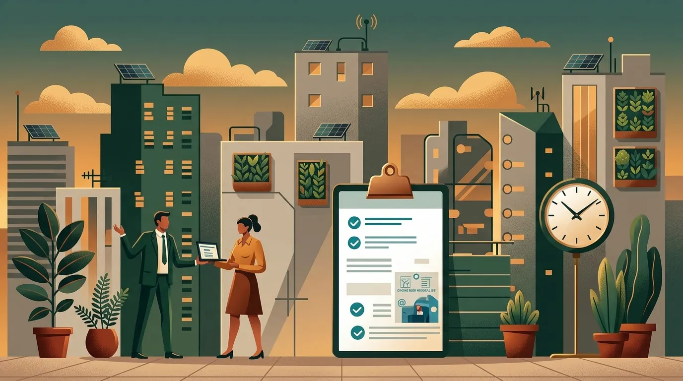 Illustration ville moderne avec bâtiments écologiques et travailleurs