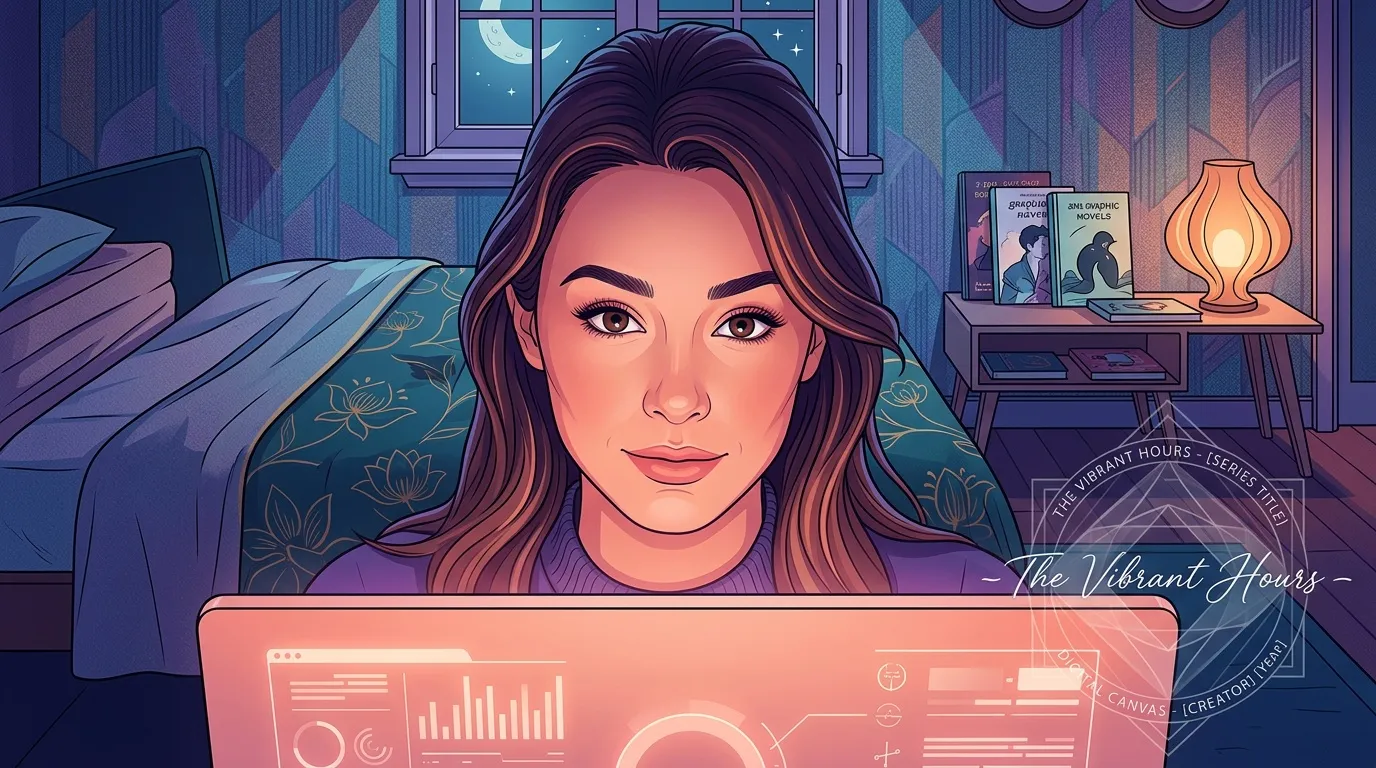 Femme illustrée devant ordinateur dans chambre cosy