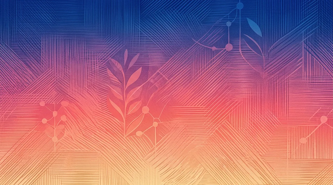 Gradient bleu rose orange avec motifs géométriques et feuilles digitales