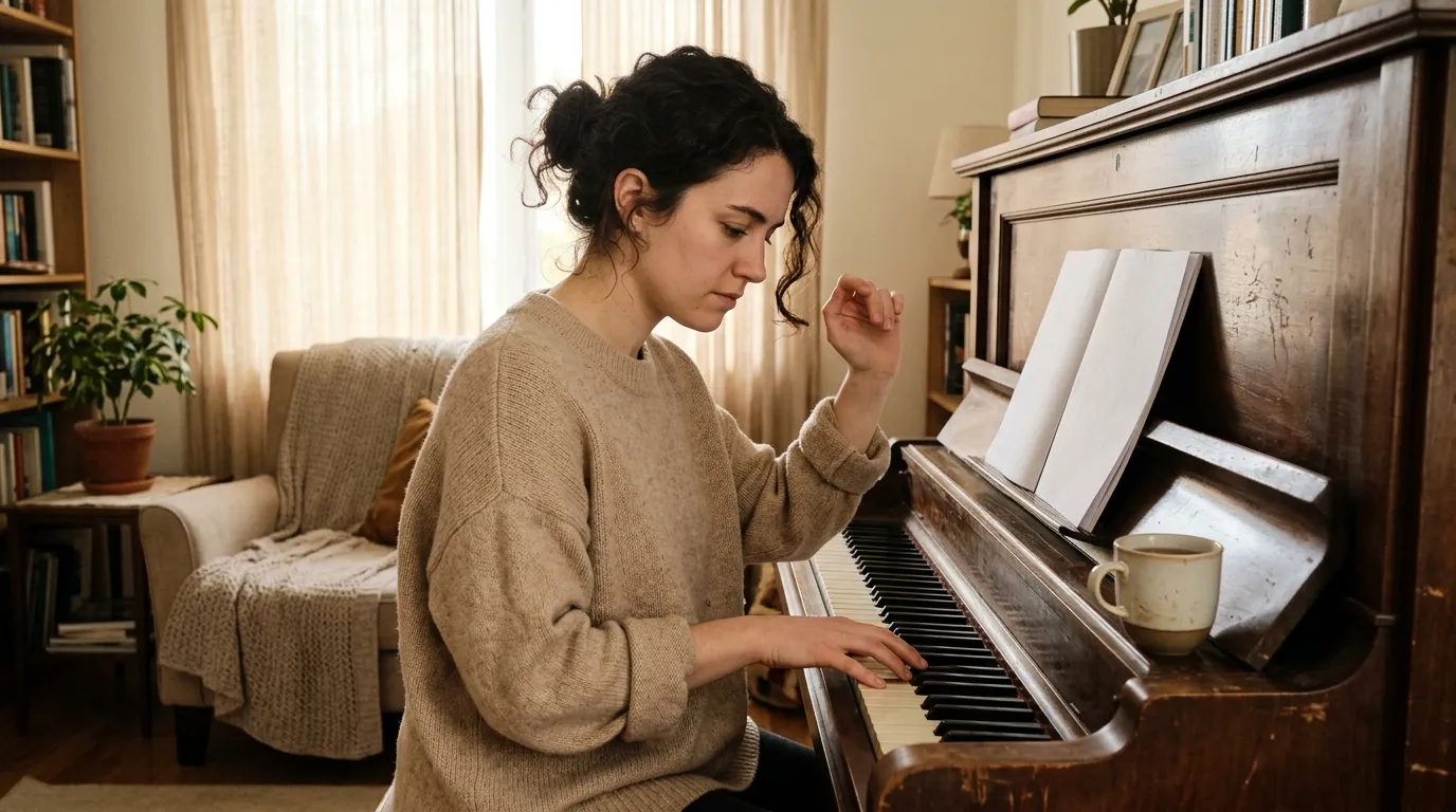 Femme en pull beige jouant du piano dans son salon lumineux