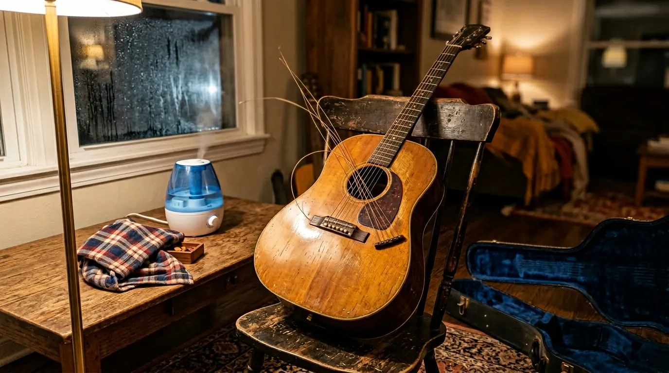Guitare acoustique sur chaise, humidificateur bleu, chambre élégante