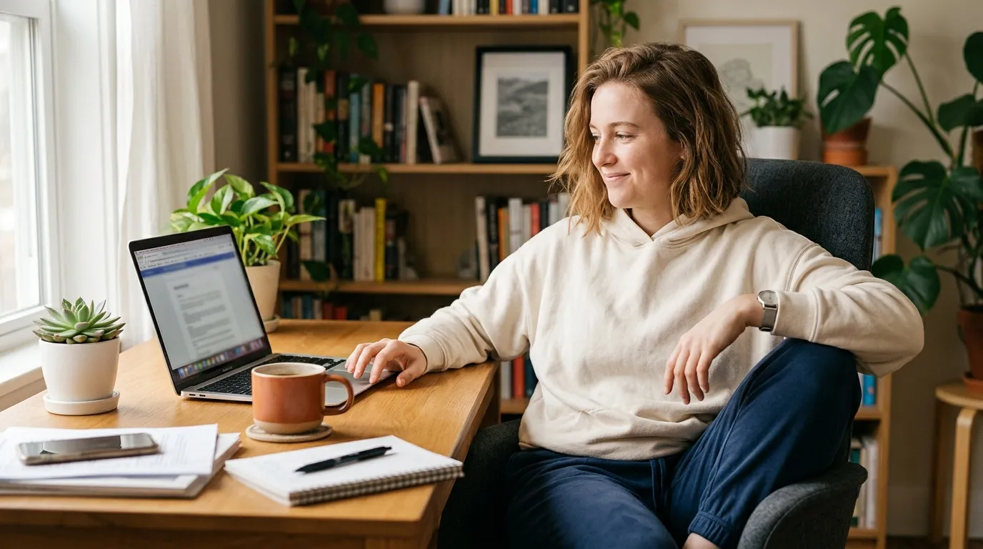 Femme en hoodie beige travaillant sur laptop dans un bureau moderne
